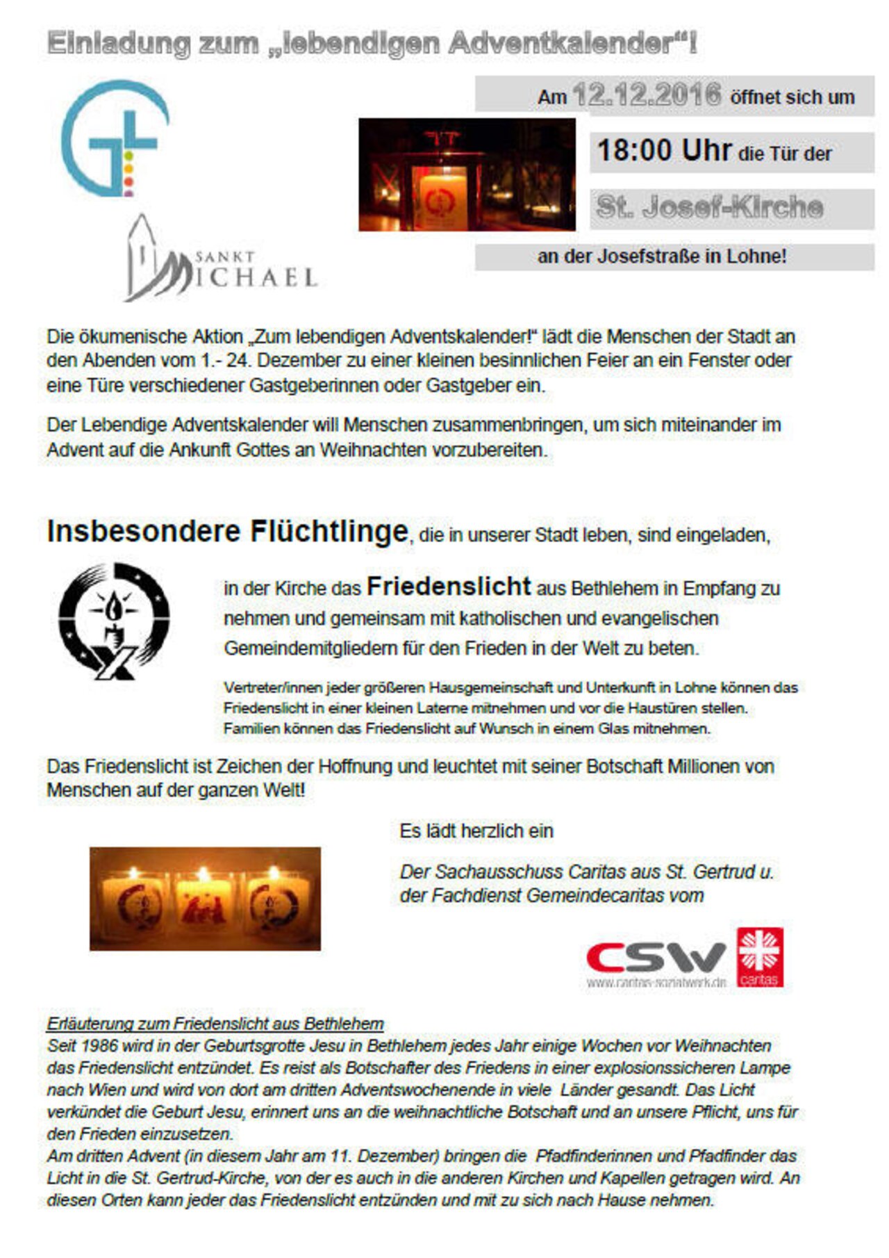 Einladung zum lebendigen Adventskalender am 12.12.2016 - Friedenslicht für Flüchtlinge Image 1